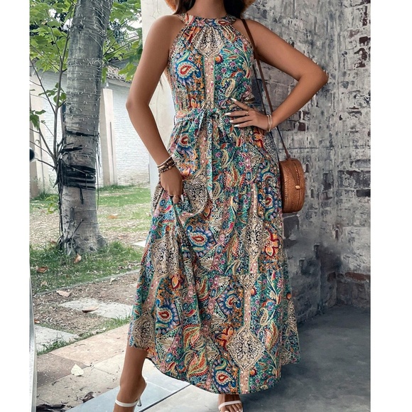 BellanBlue Dresses & Skirts - Plus Paisley Print Belted Halter Maxi Dress